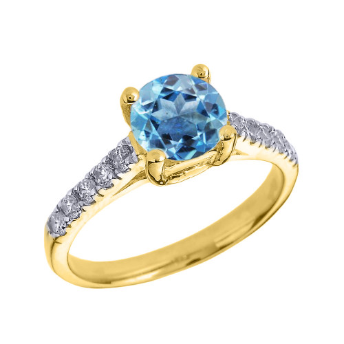 Yellow Gold Diamond and Blue Topaz Solitaire Engagement Ring
