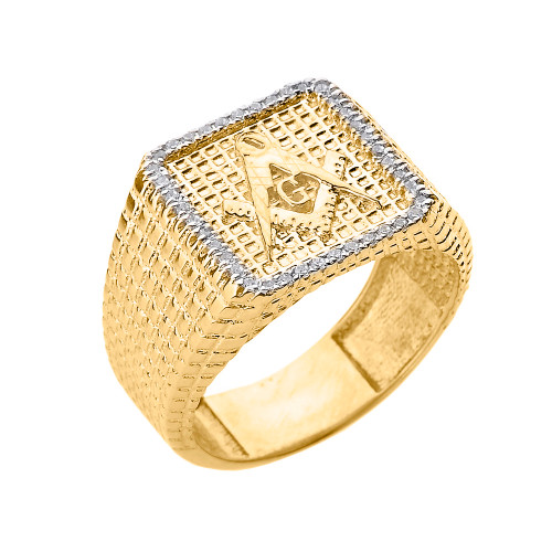 Yellow Gold Textured Band Masonic Men's Diamond Ring
