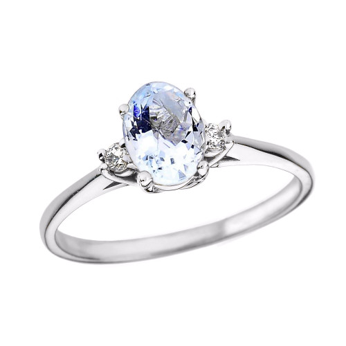 White Gold Oval Aquamarine and Diamond Engagement Proposal Ring