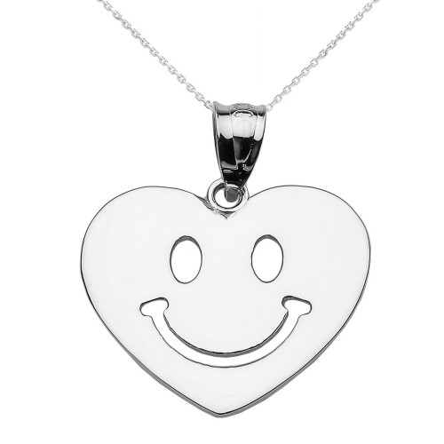 White Gold Happy Smiley Face Heart Pendant Necklace