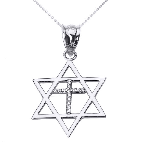 White Gold Star of David with Diamond Cross Pendant Necklace