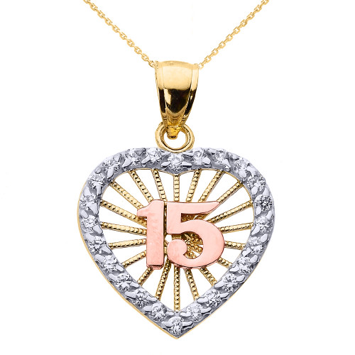 Tri-color Gold Sweet 15 Años Quinceanera CZ Heart Pendant Necklace