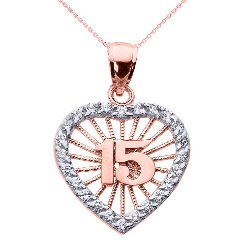 Rose Gold Sweet 15 Años Quinceanera CZ Heart Pendant Necklace
