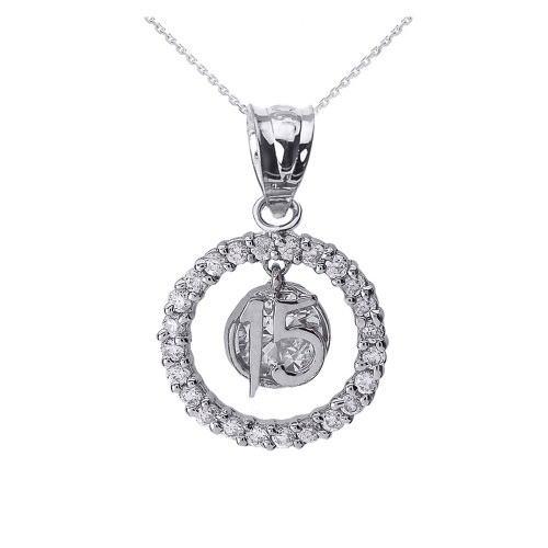 White Gold Sweet 15 Años Quinceanera CZ Round Pendant Necklace