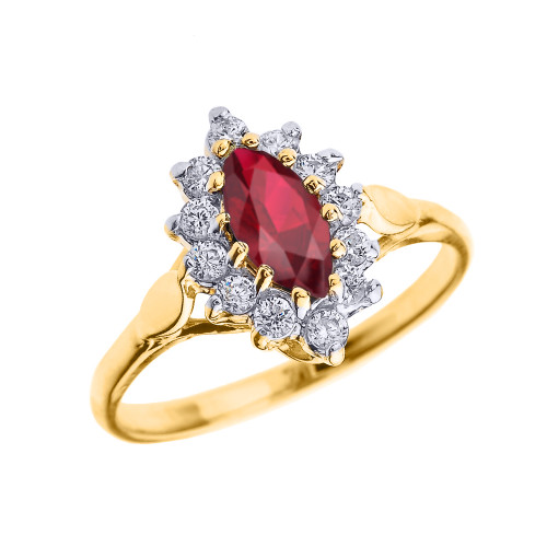 Yellow Gold Diamond and Marquise Ruby Proposal Engagement Ring