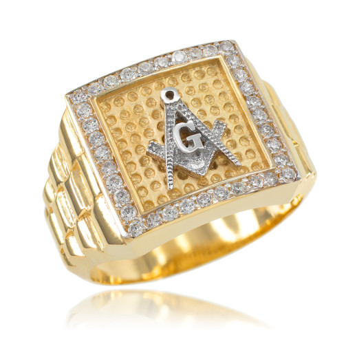 Gold Watchband Design Men's Masonic CZ Ring