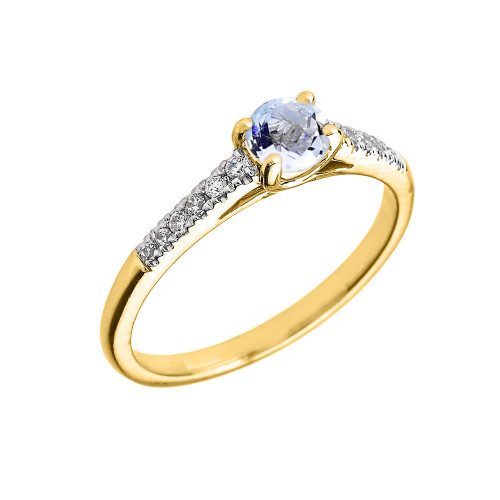 Yellow Gold Diamond and Aquamarine Engagement Proposal Ring