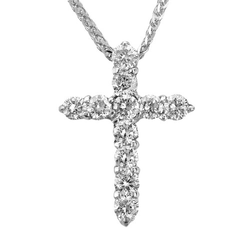 14k White Gold Round Diamond Cross Pendant Necklace