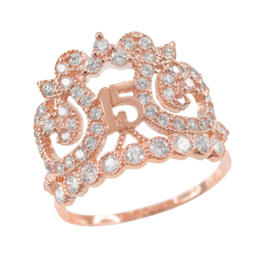 Rose Gold Crown 15 Anos CZ Ring