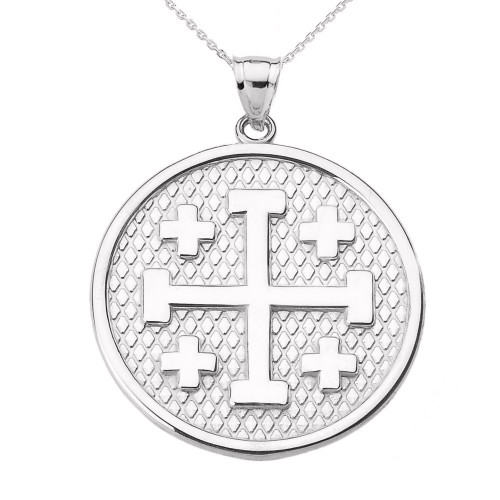 White Gold Jerusalem Cross Round Pendant Necklace