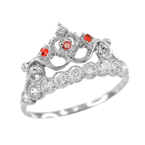 Red CZ White Gold Crown Ring