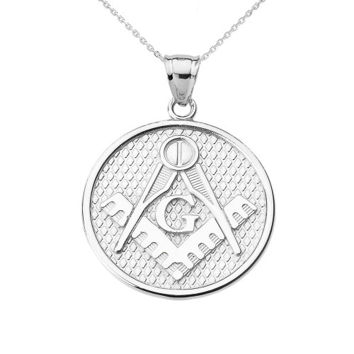 White Gold Freemason Masonic Round Pendant Necklace