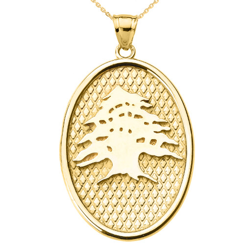 Yellow Gold Lebanese Cedar Tree Oval Pendant Necklace