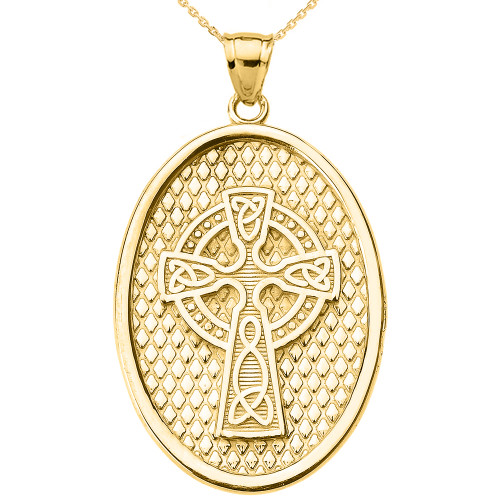 Yellow Gold Trinity Knot Celtic Cross Oval Pendant Necklace