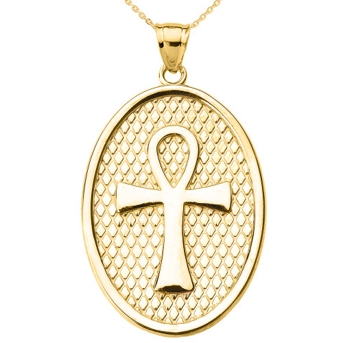 Yellow Gold Egyptian Ankh Cross Oval Pendant Necklace