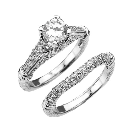 White Gold Art Deco Engagement Wedding Ring Set