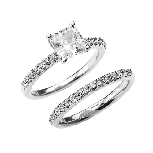 White Gold Princess CZ Classic Engagement Wedding Ring Set