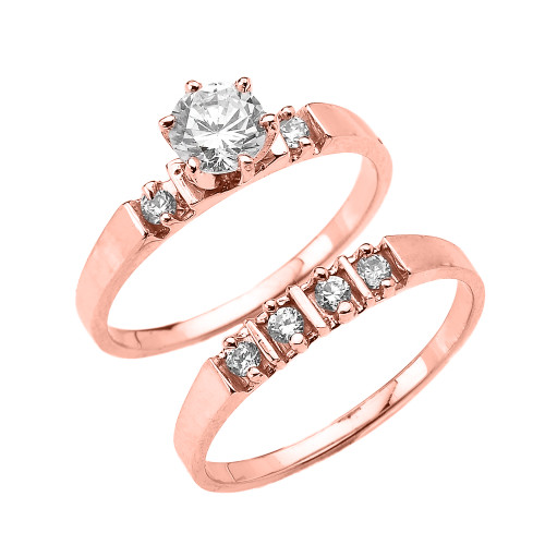Rose Gold Round CZ Solitaire Engagement Wedding Ring Set