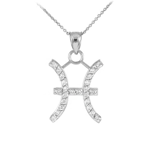 14K White Gold Pisces Zodiac Sign Diamond Pendant Necklace