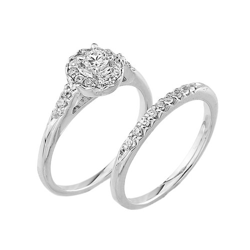 White Gold CZ Halo Wedding Engagement Ring Set