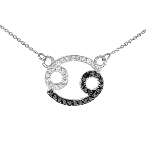 14K White Gold Cancer Zodiac Sign Black Diamond Necklace