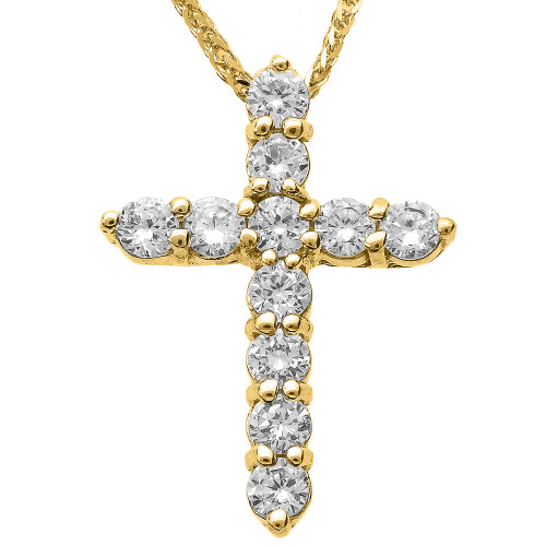 14k Yellow Gold Round Diamond Cross Necklace