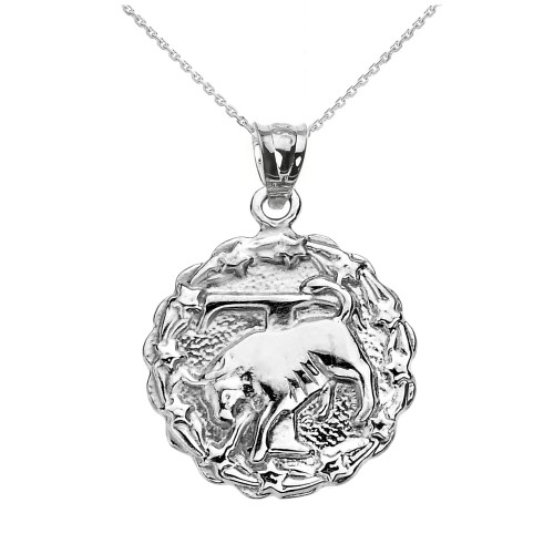 Sterling Silver Taurus May Zodiac Sign Round Pendant Necklace
