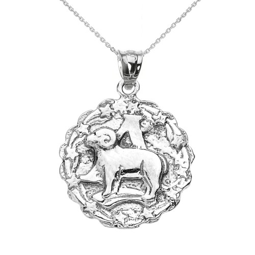 Sterling Silver Aries April Zodiac Sign Round Pendant Necklace