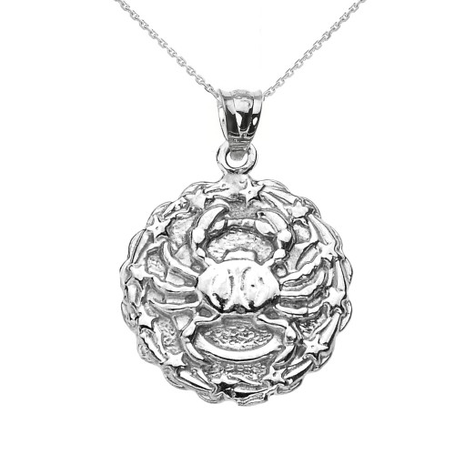 Sterling Silver Cancer July Zodiac Sign Round Pendant Necklace
