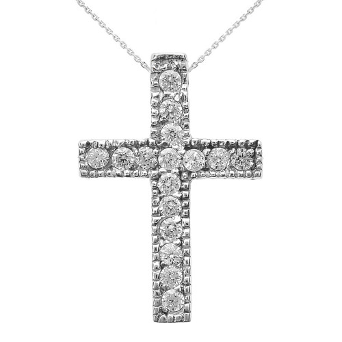 White Gold Milgrain Edged Diamond Cross Pendant Necklace (Small)