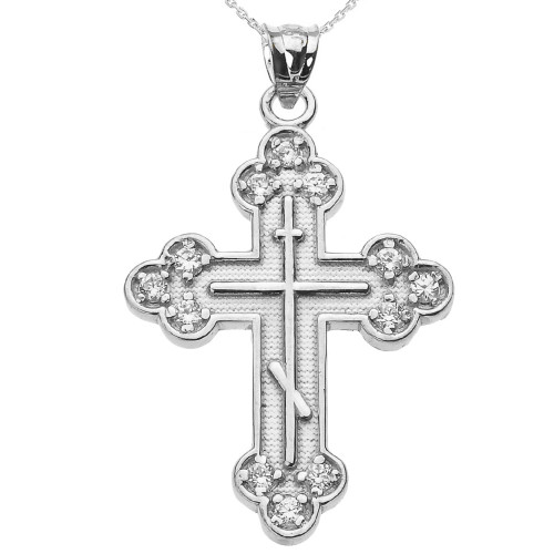 White Gold Diamond Eastern Orthodox Cross Pendant Necklace