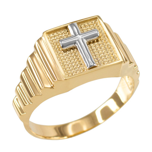 Gold Cross Square Mens Ring