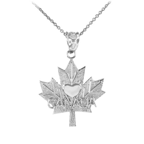 White Gold Maple Leaf CANADA Heart Pendant Necklace