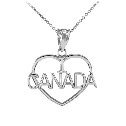 White Gold Open Heart Shaped I Love CANADA Pendant Necklace