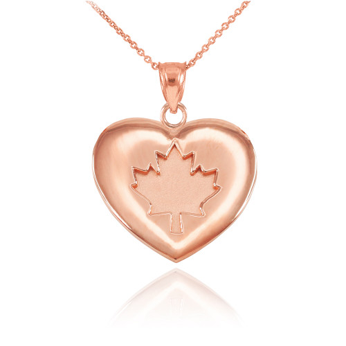 Solid Rose Gold Maple Leaf Heart Pendant Necklace