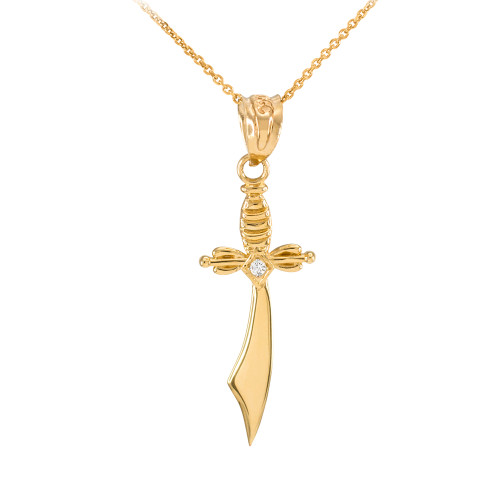 Gold Scimitar Sword Diamond Pendant Necklace