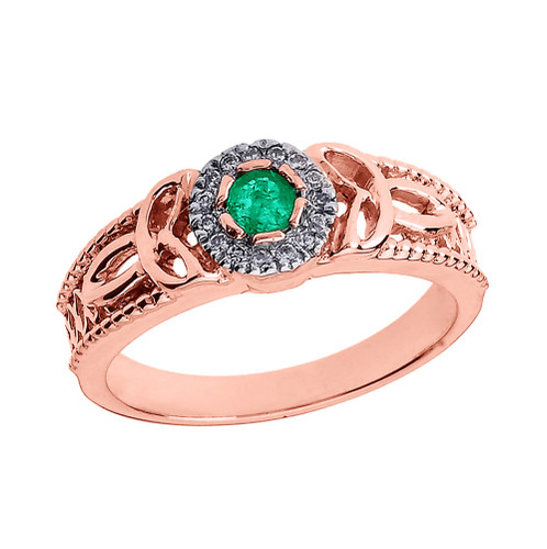 Rose Gold Ladies Emerald and Diamond Trinity Knot Proposal Ring
