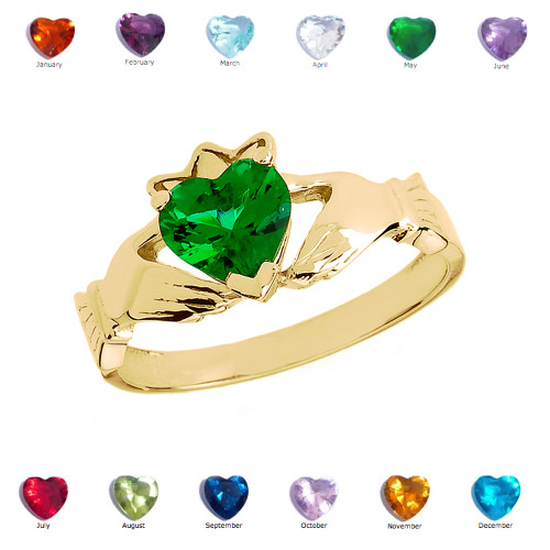 Yellow Gold Green CZ Claddagh Proposal Ring