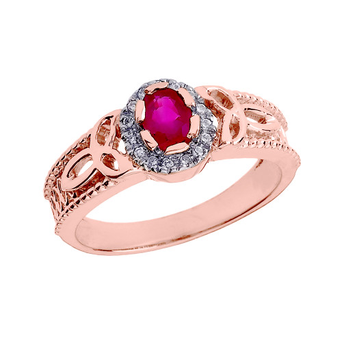 Rose Gold 0.25 Carat Ruby and Diamond Trinity Knot Ladies Proposal Ring