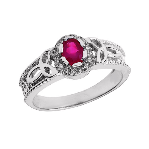 White Gold 0.25 Carat Ruby and Diamond Trinity Knot Ladies Proposal Ring