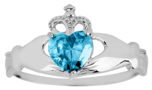 Silver Claddagh Ring with Blue Topaz Birthstone.