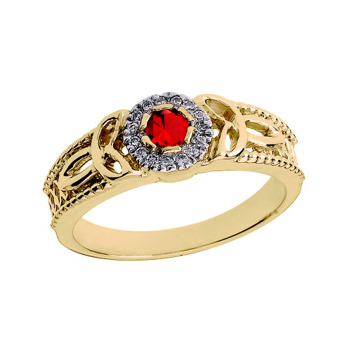 Yellow Gold Ladies Genuine Ruby and Diamond Trinity Knot Proposal Ring