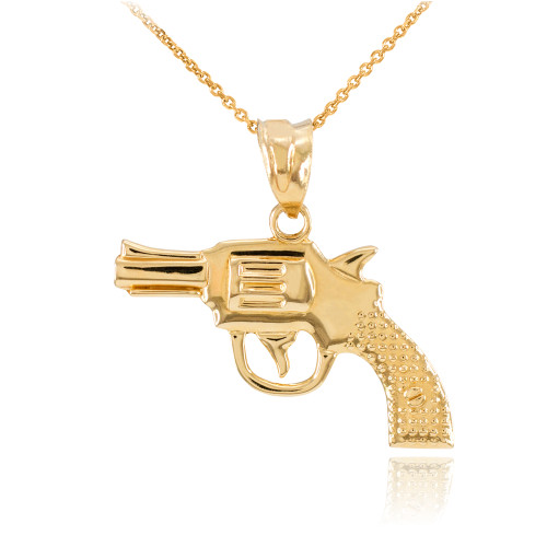 Solid Gold Revolver Pistol Gun Pendant Necklace