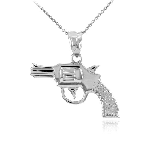 Solid White Gold Revolver Pistol Gun Pendant Necklace