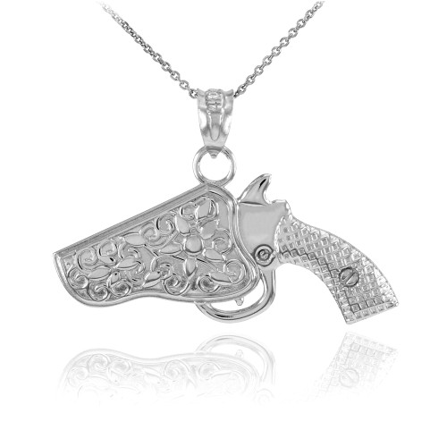 Bold White Gold Revolver Pistol Gun in Holster Pendant Necklace