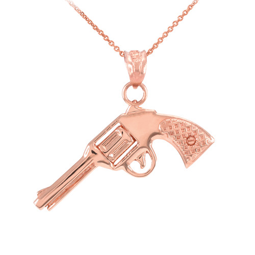 Solid Rose Gold Gun Revolver Pistol Pendant Necklace