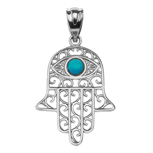 925 Sterling Silver Hamsa Hand With Turquoise Evil Eye Pendant Necklace