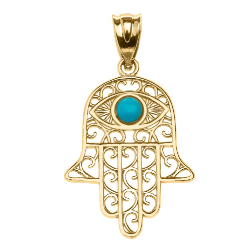 Yellow Gold Hamsa Hand With Hamsa Hand With Turquoise Evil Eye Pendant Necklace