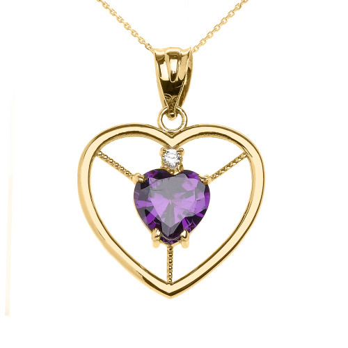 Elegant Yellow Gold Amethyst and Diamond Solitaire Heart Pendant Necklace