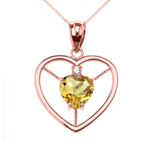 Elegant Rose Gold Citrine and Diamond Solitaire Heart Pendant Necklace